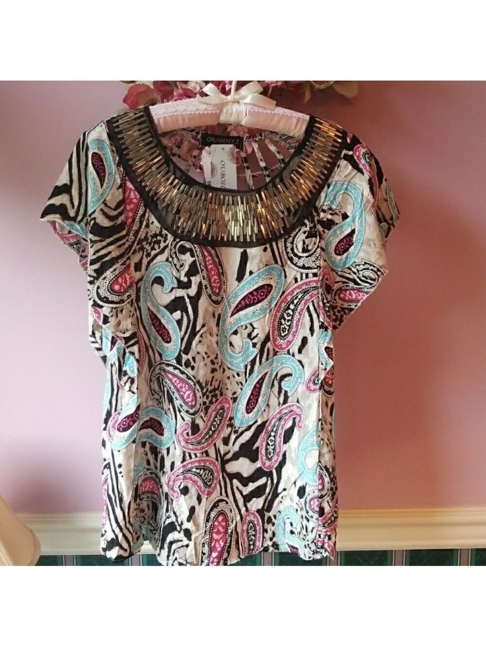 𝅺New Watercolor Paisley Tribal Ladies Blouse By OVBOILI  NWT Beaded Neckline - Picture 3 of 10